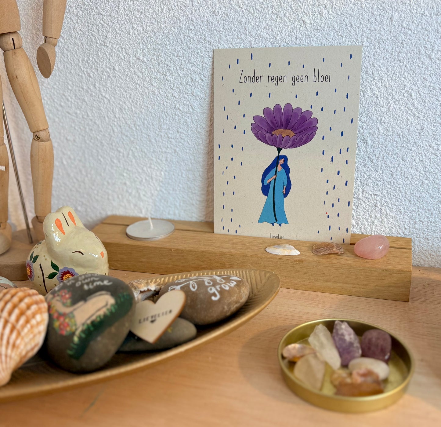 Houten kaartenhouder met waxinelichtje